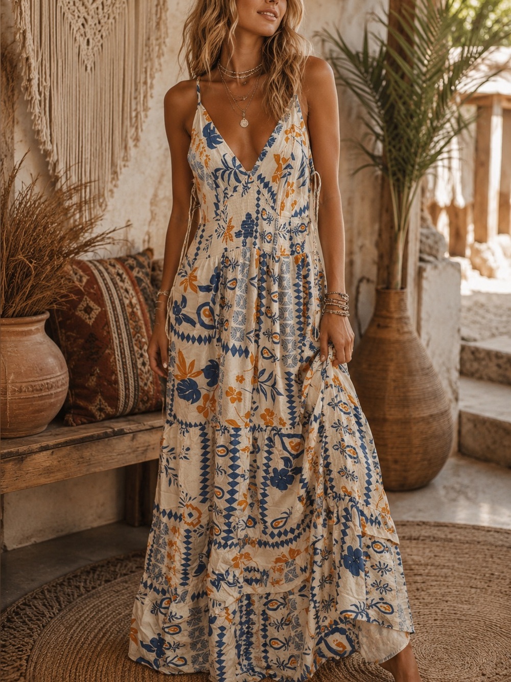 Patrons of peace womans Boho Floral V-Neck Maxi Dress size L